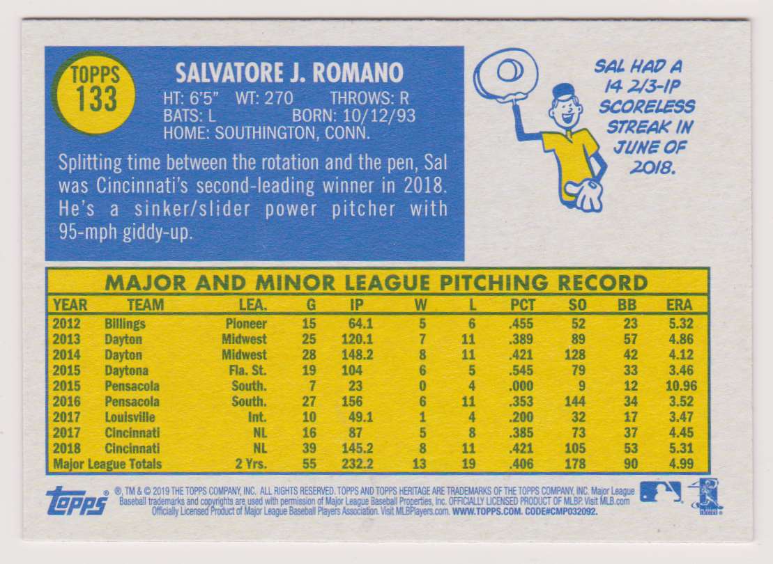 2019 Topps Heritage Sal Romano #133 card back image