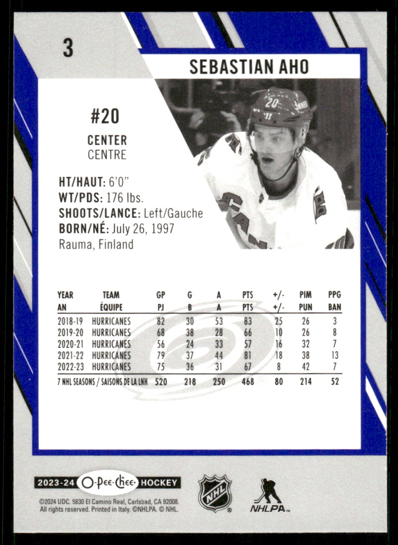 2023-24 O-Pee-Chee Blue Border Sebastian Aho #3 card back image