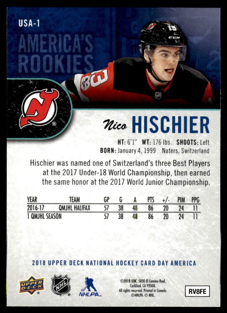 2017-18 Upper Deck National Hockey Card Day USA Nico Hischier #USA-1 card back image