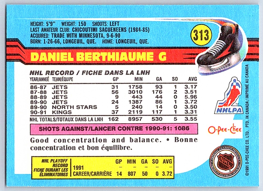1991-92 O-Pee-Chee Daniel Berthiaume #313 card back image