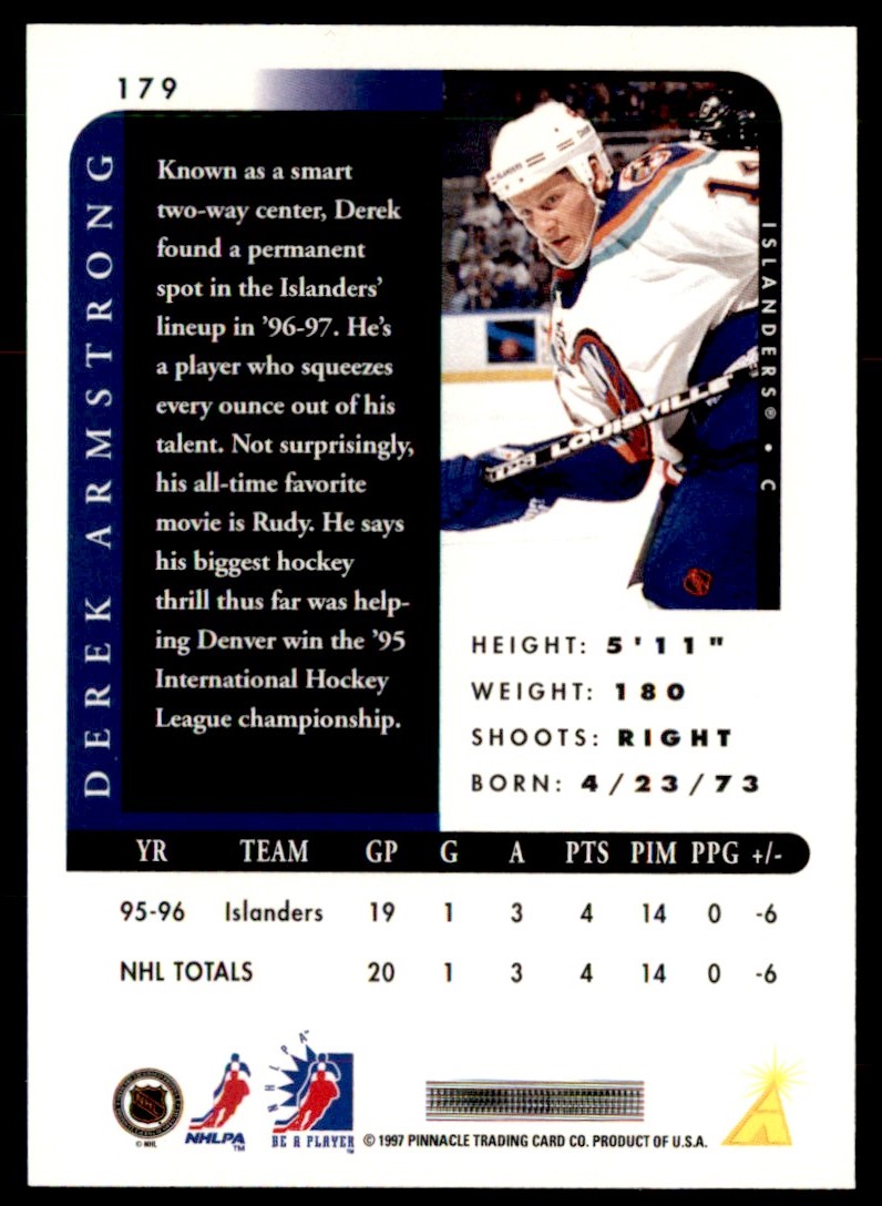 1996-97 Pinnacle Be a Player Autographs Derek Armstrong #179 card back image