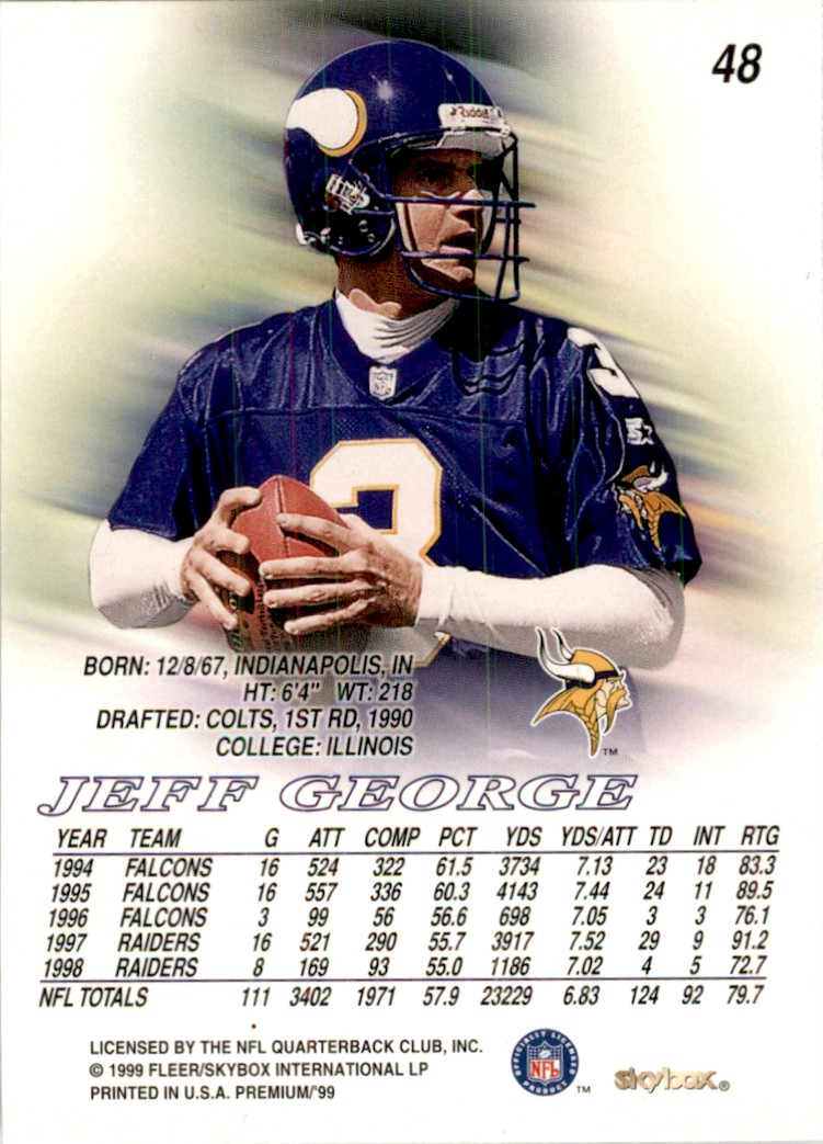 1999 SkyBox Premium Jeff George Minnesota Vikings #48 NFL Football