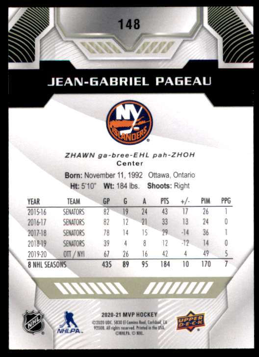 2020-21 Upper Deck MVP Jean-Gabriel Pageau #148 Tw4238 | eBay