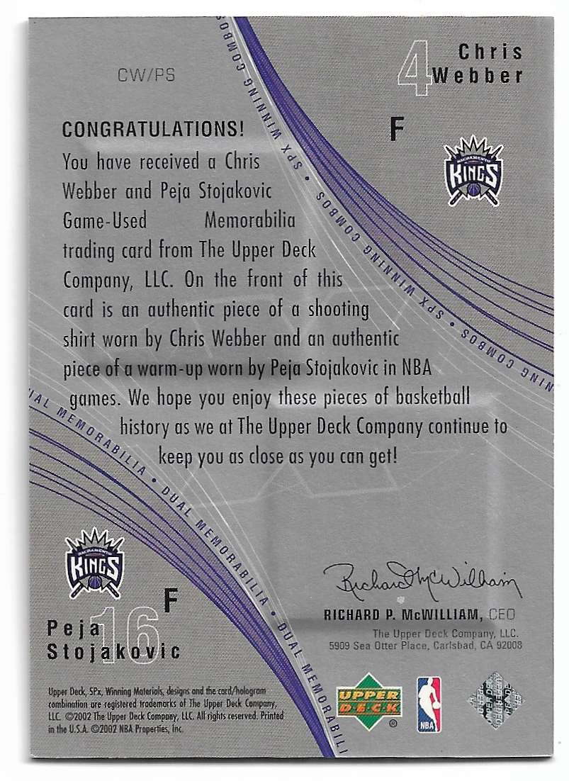 2002-03 SPx Winning Combos Chris Webber/Peja Stojakovic #CW/PS card back image