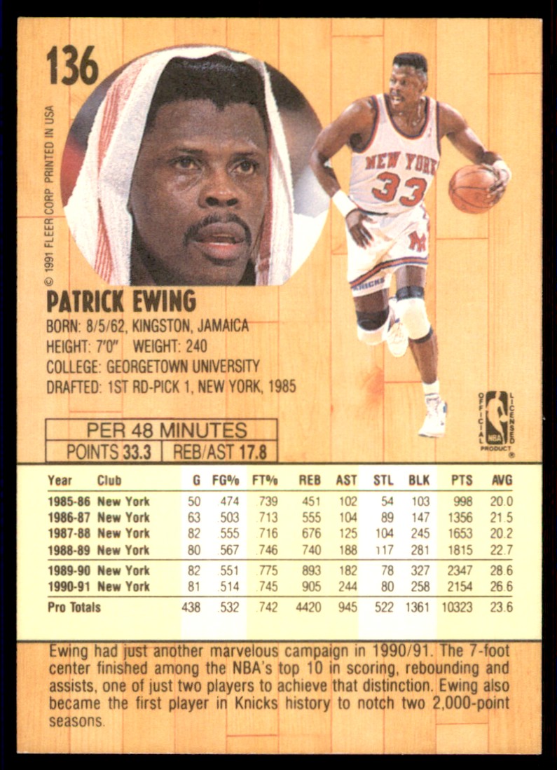 1991-92 Fleer Patrick Ewing #136 card back image