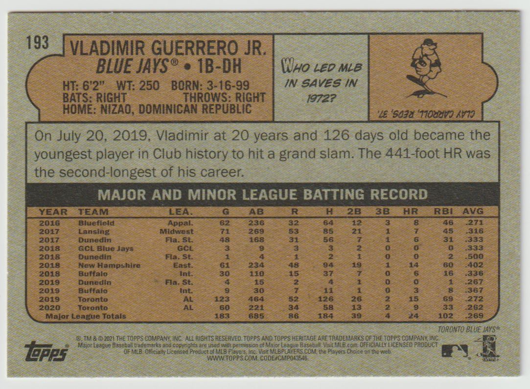 2021 Topps Heritage Vladimir Guerrero Jr. #193 card back image