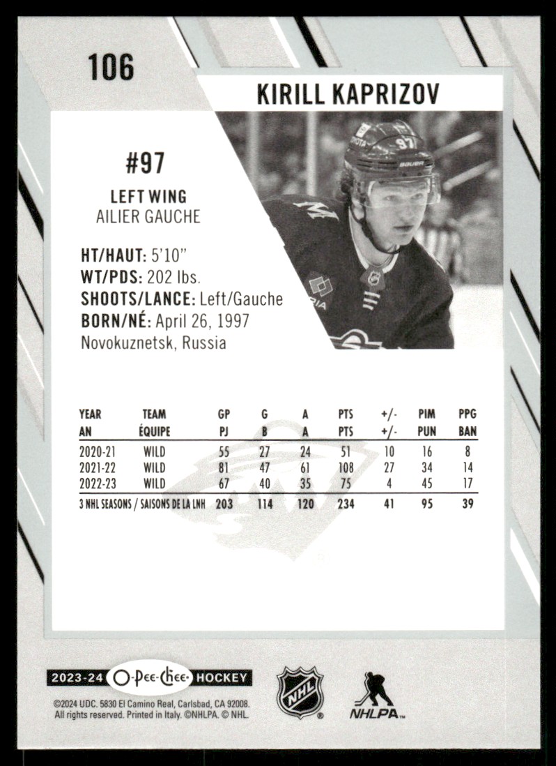 2023-24 O-Pee-Chee Kirill Kaprizov #106 card back image