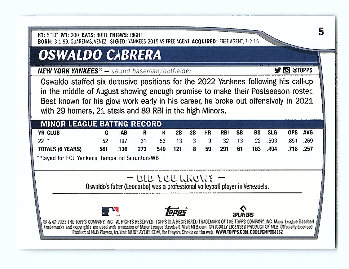2023 Topps Big League Oswaldo Cabrera #5 card back image