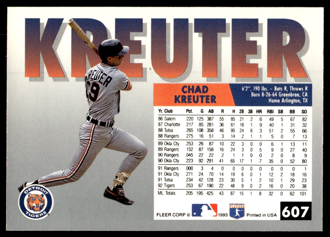1993 Fleer Chad Kreuter #607 card back image