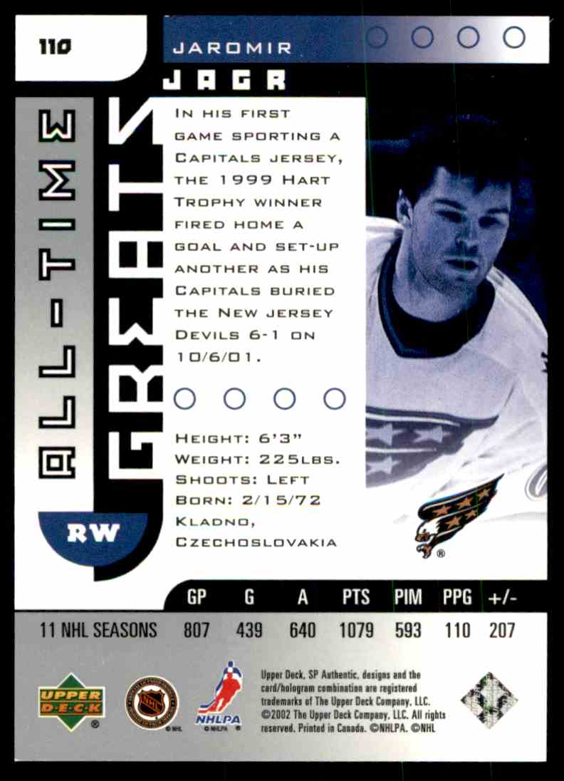 2001-02 SP Authentic Jaromir Jagr #110 card back image
