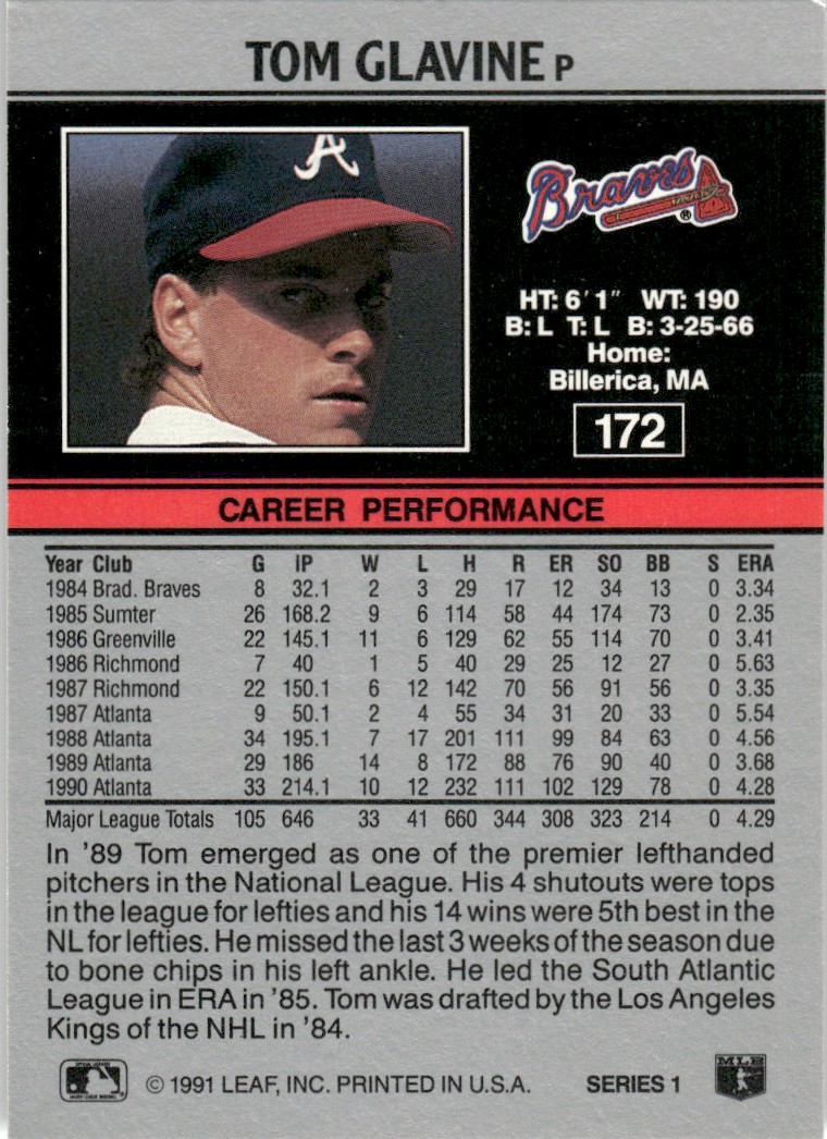 1992 Leaf Major League MLB Baseball Tom Glavine #172 card back image