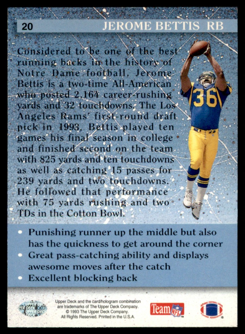 1993 Upper Deck Jerome Bettis #20 card back image