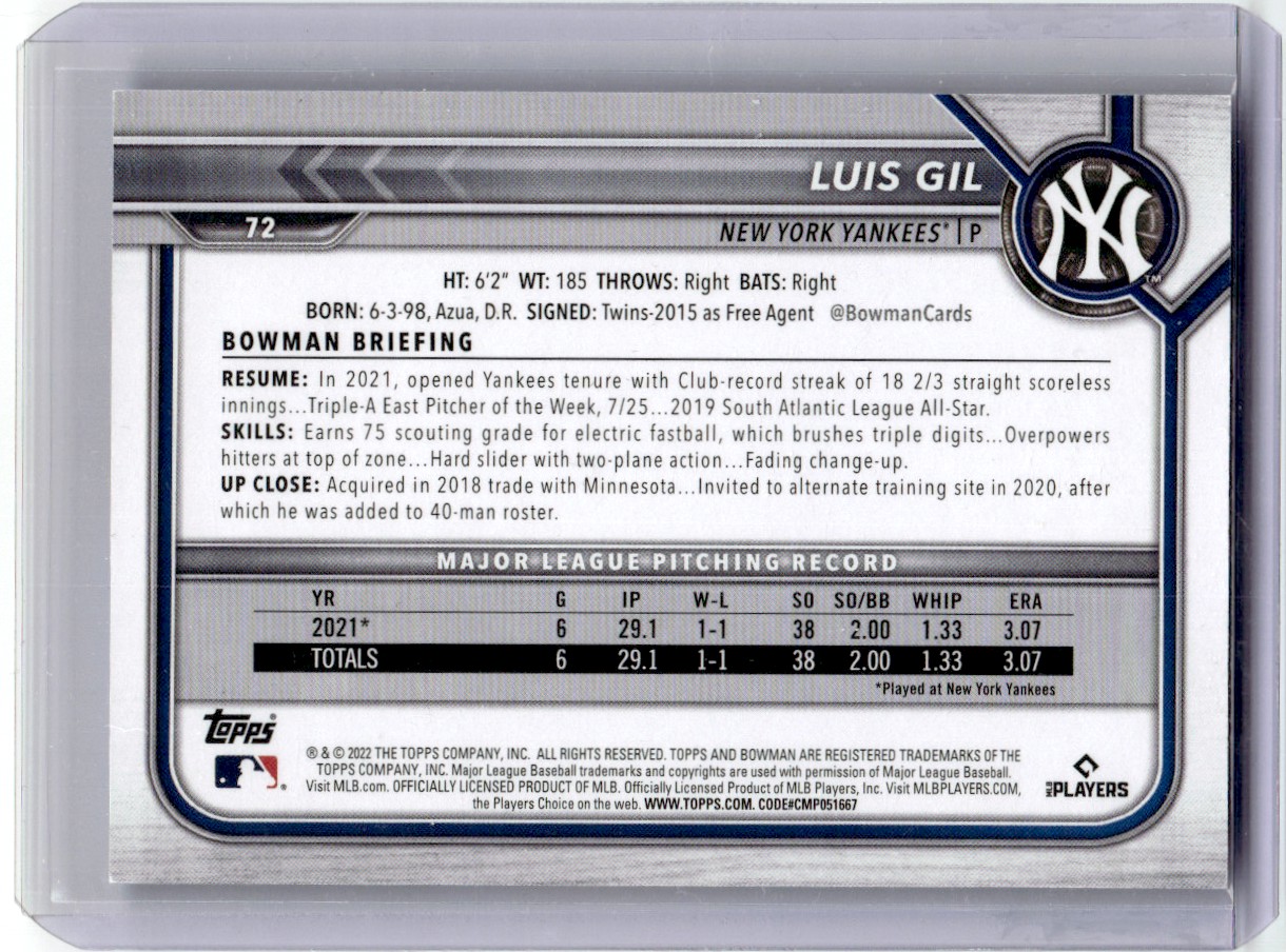 2022 Bowman Sky Blue Luis Gil RC /499 New York Yankees #72 | eBay