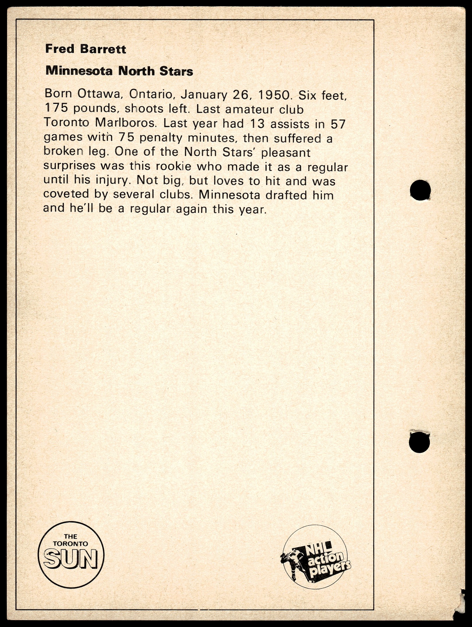 1971-72 Toronto Sun NHL Action Players Fred Barrett card back image