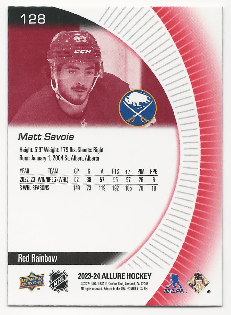 2023-24 Upper Deck Allure Red Rainbow Matt Savoie #128 card back image