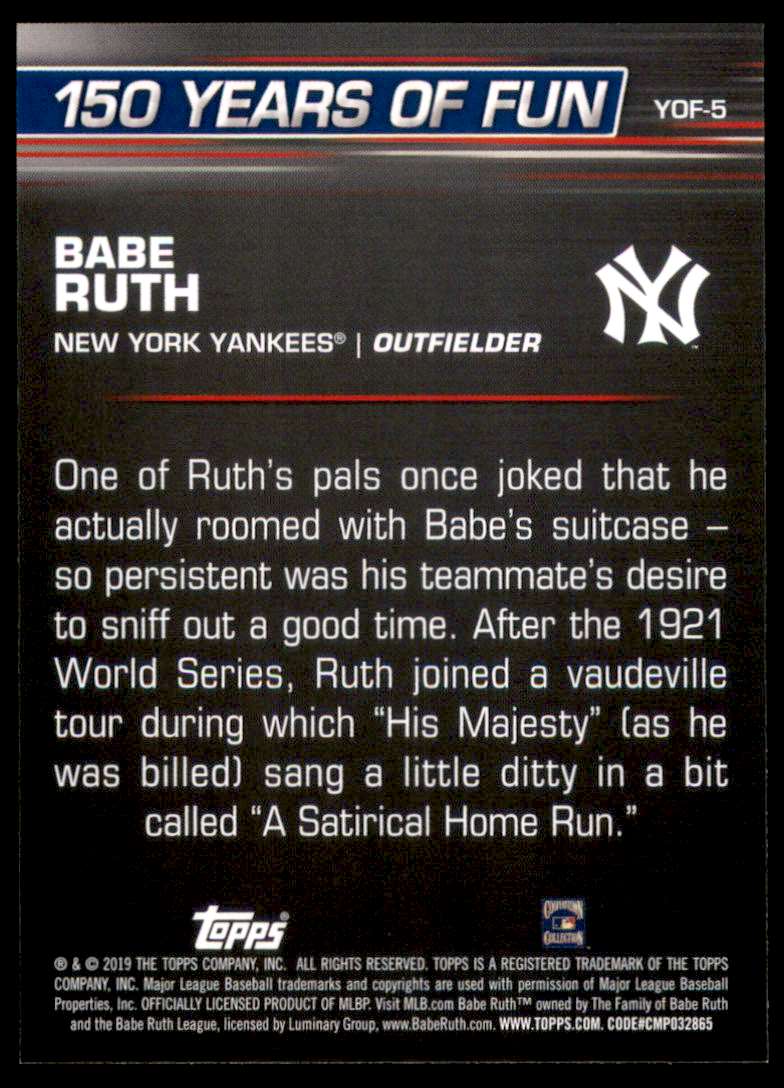 2019 Topps Opening Day 150 Years Of Fun Babe Ruth #YOF5 on Kronozio