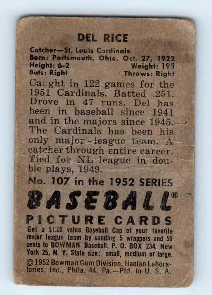 1952 Bowman Del Rice #107 card back image