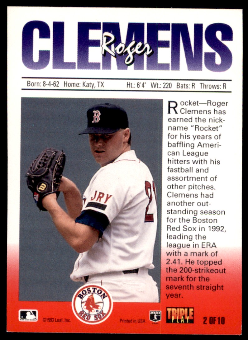 1993 Triple Play Nicknames ROCKET-Roger Clemens Boston Red Sox #2