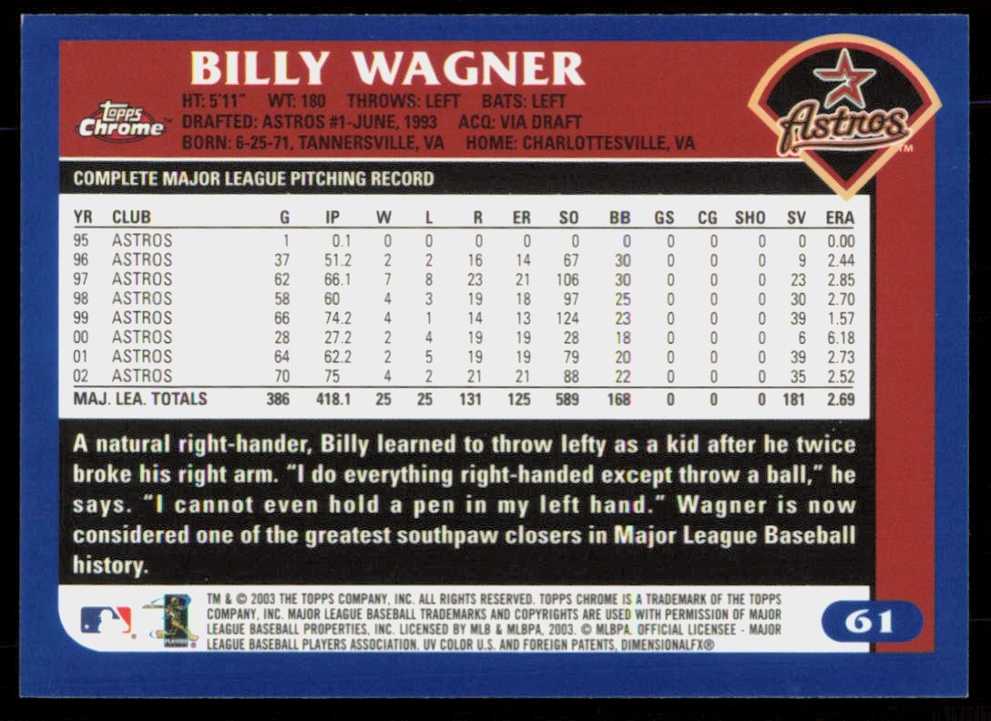 2003 Topps Chrome Billy Wagner Houston Astros #61 | eBay