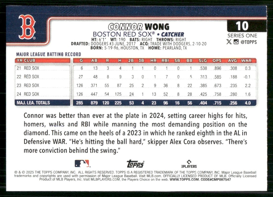 2025 Topps Connor Wong #10 card back image