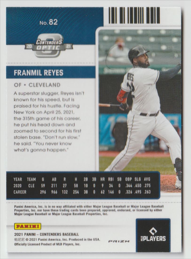 2021 Panini Contenders Season Ticket Red Refractor Franmil Reyes #82 card back image