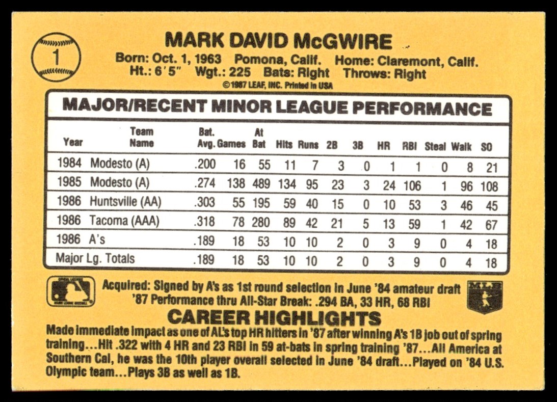 1987 Donruss The Rookies Baseball Card Mark McGwire Oakland