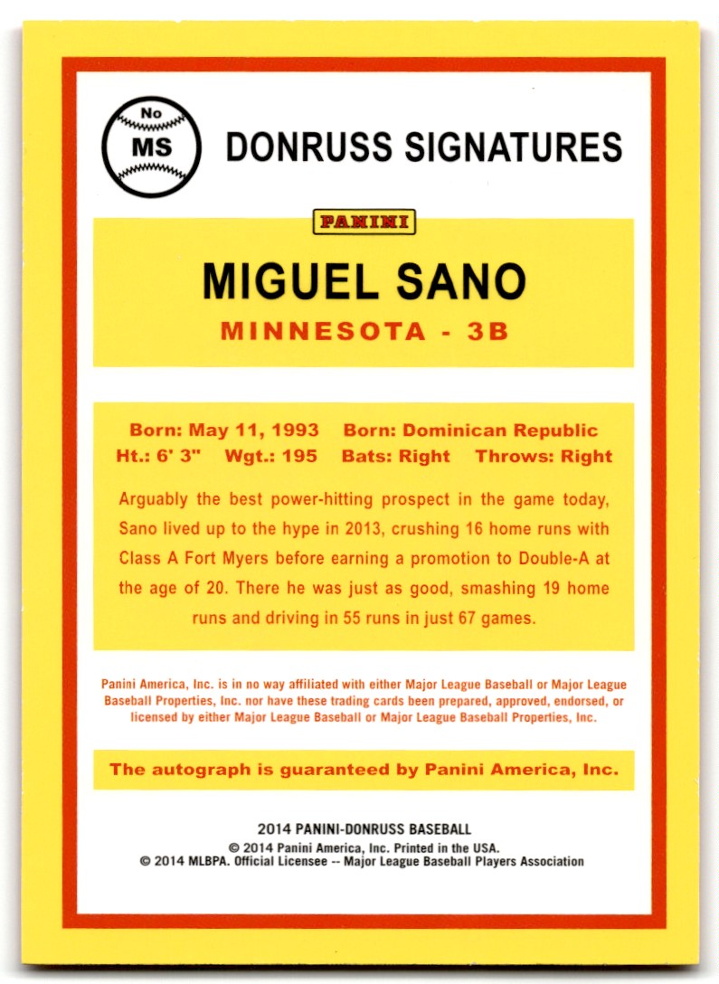 2014 Donruss Signatures Miguel Sano #MS card back image