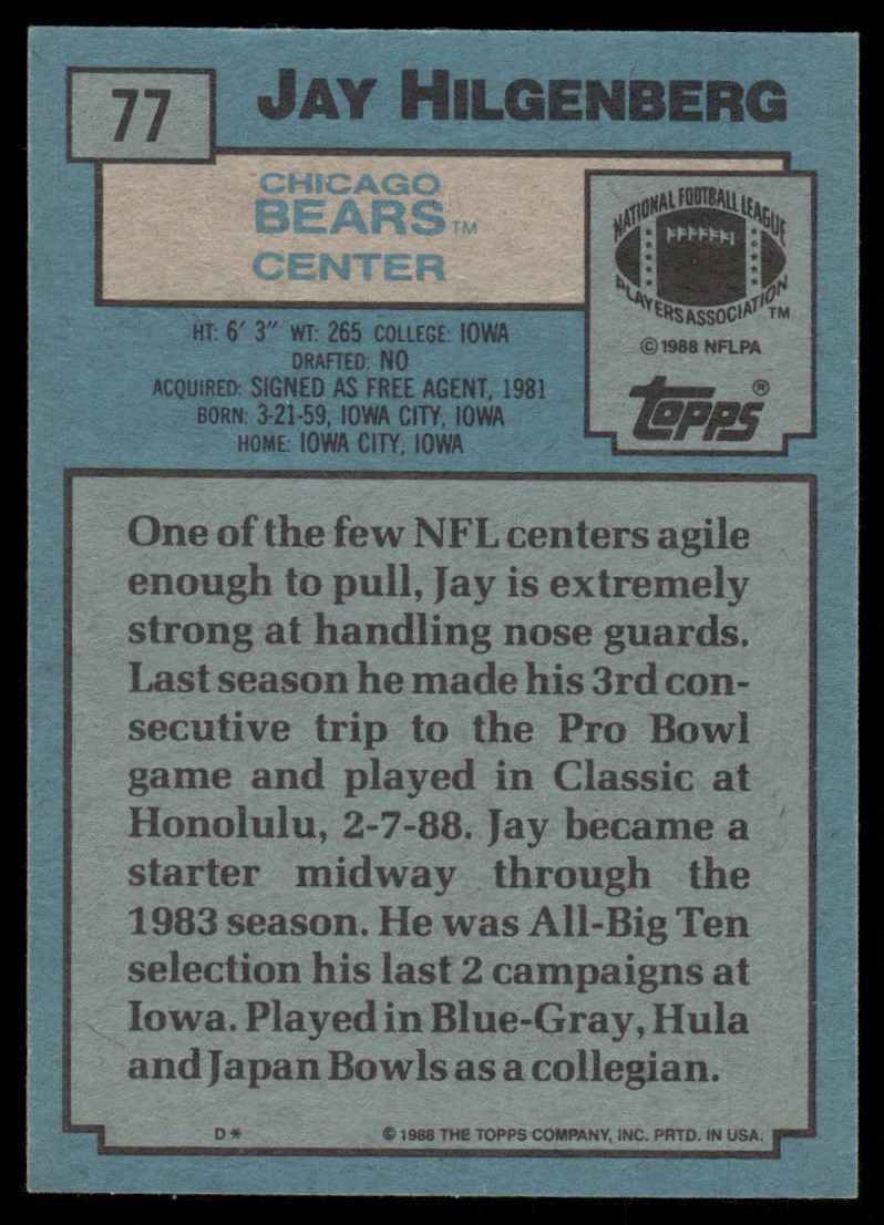 1988 Topps Jay Hilgenberg #77 card back image