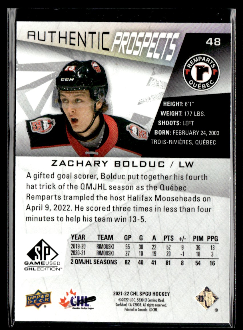 2021-22 Upper Deck CHL Sp Game Used Zachary Bolduc #48 card back image