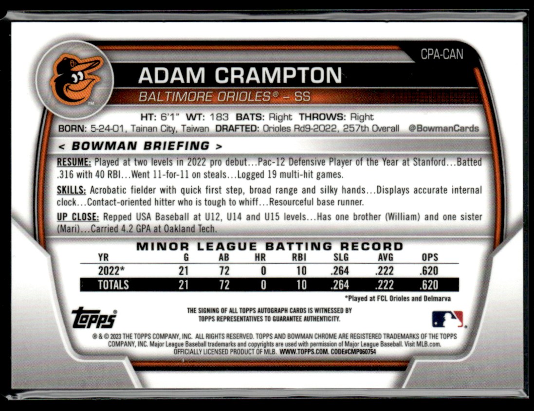 2023 Bowman Chrome Blue Refractor Adam Crampton #CPA-CAN card back image