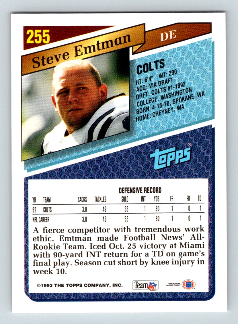 1993 Topps Steve Emtman #255 card back image