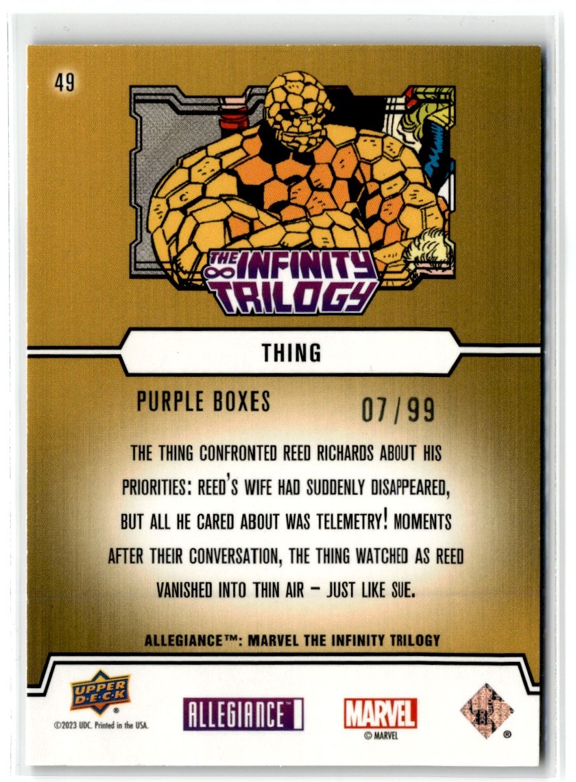 2023 Marvel Allegiance Infinity Trilogy Purple Boxes Thing #49 card back image