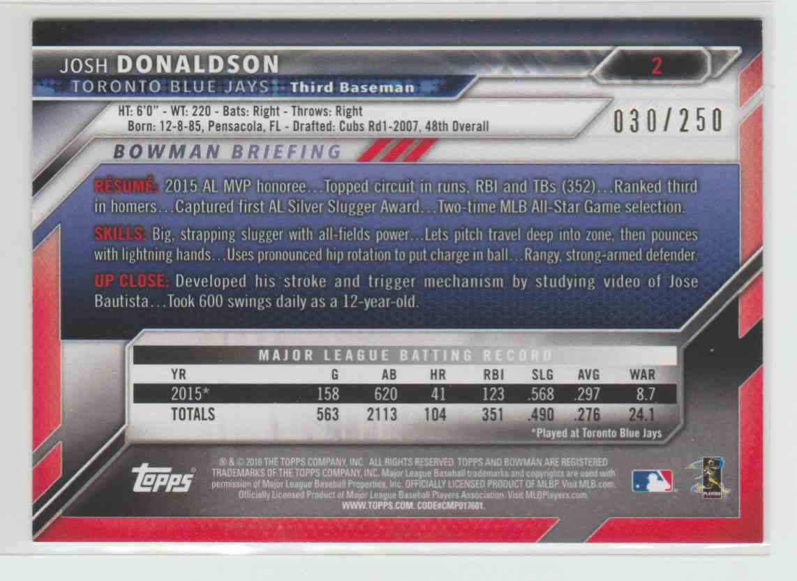 2016 Bowman Purple Josh Donaldson #2 card back image