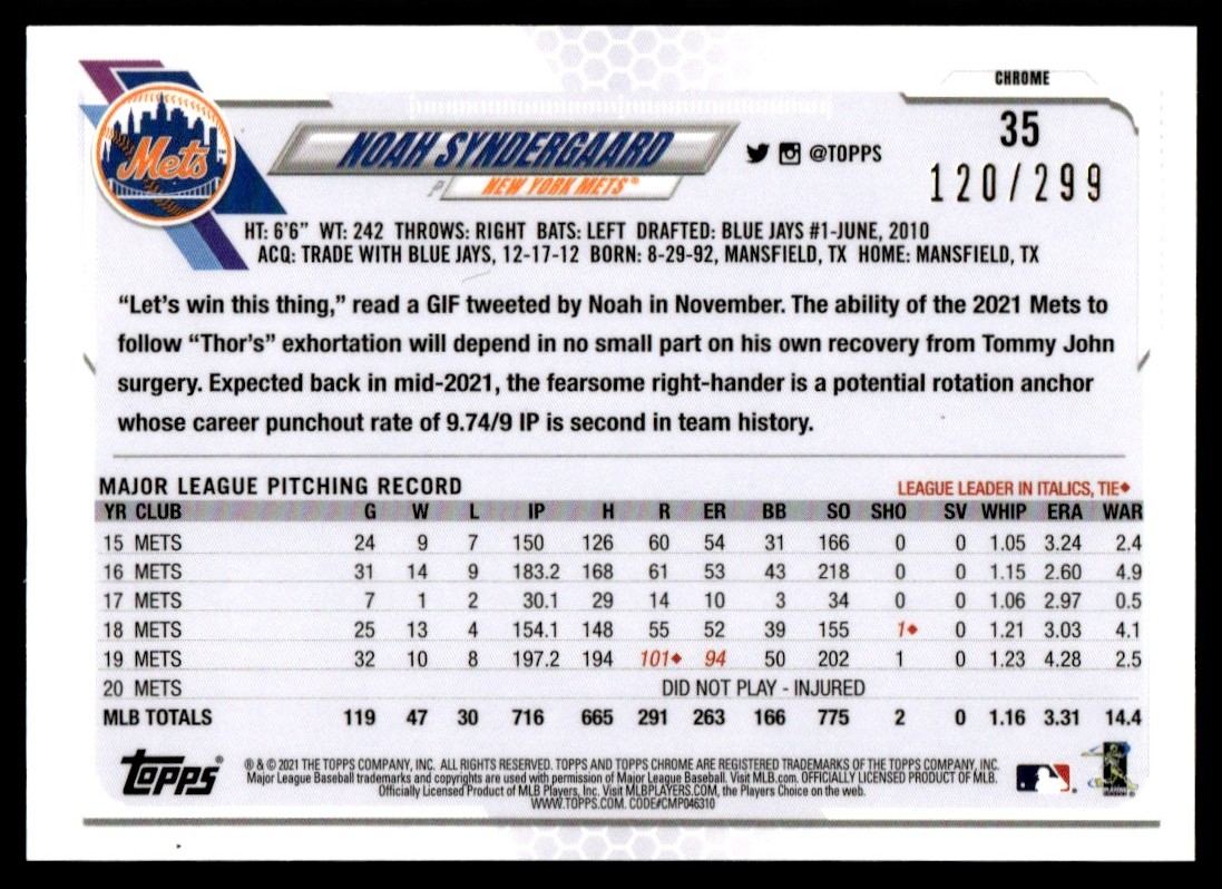 2021 Topps Chrome Purple Refractor Noah Syndergaard #35 card back image