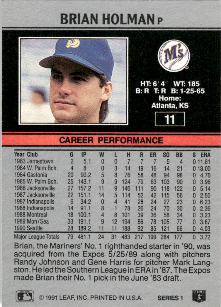 1991 Leaf Major League MLB Baseball Brian Holman #11 card back image