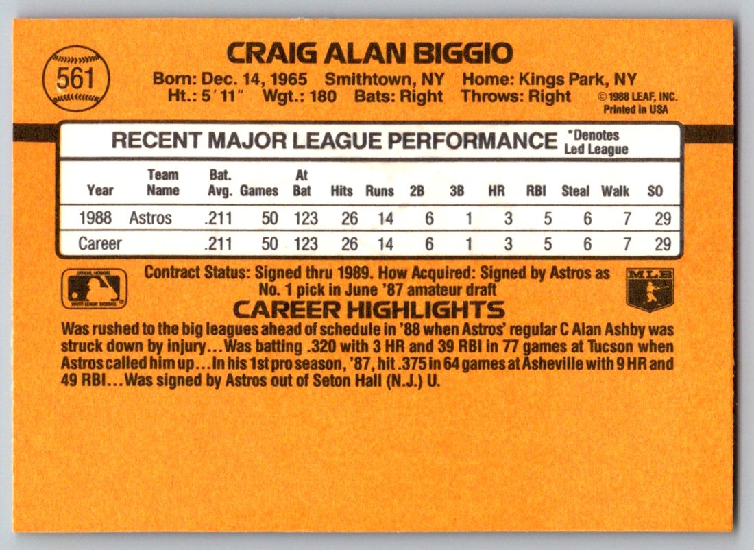 1989 Donruss Craig Biggio #561 card back image