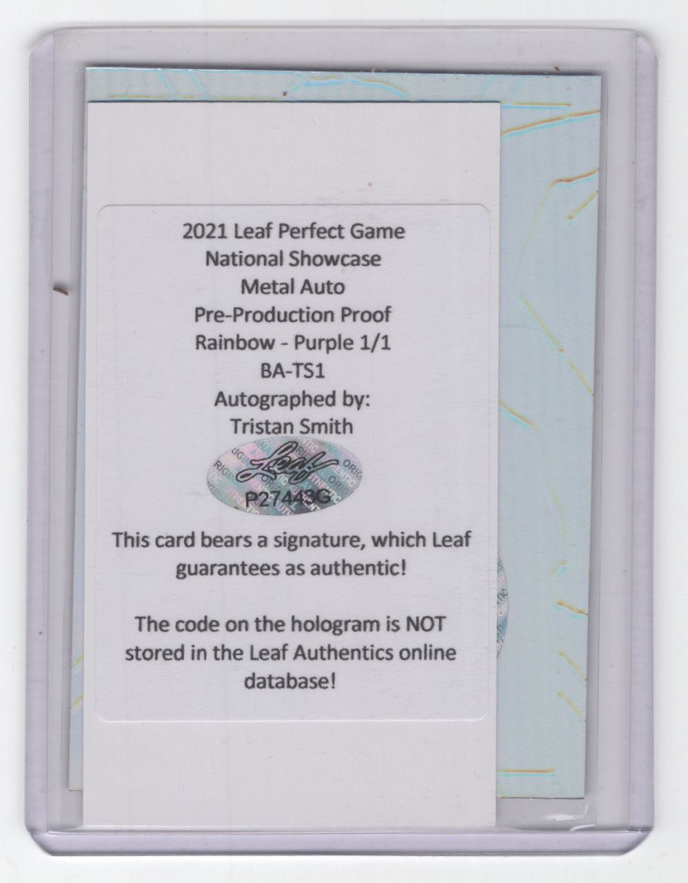 2021 Leaf Perfect Game National Showcase Pre-Production Proof Rainbow Purple Tristan Smith #BA-TS1 card back image