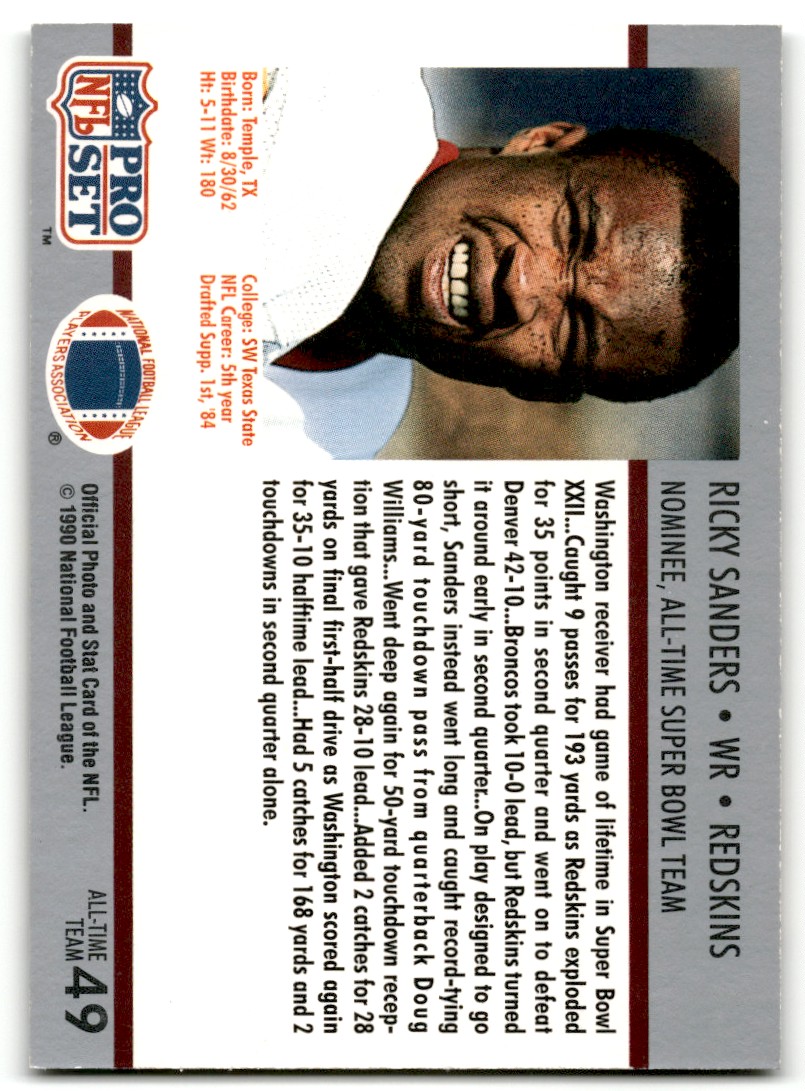 1990 Pro Set Super Bowl Superman Ricky Sanders #49 card back image