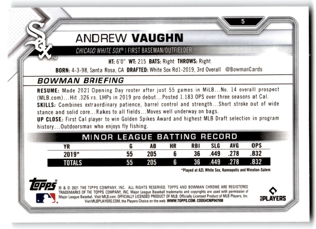 2021 Bowman Chrome Andrew Vaughn #5 card back image