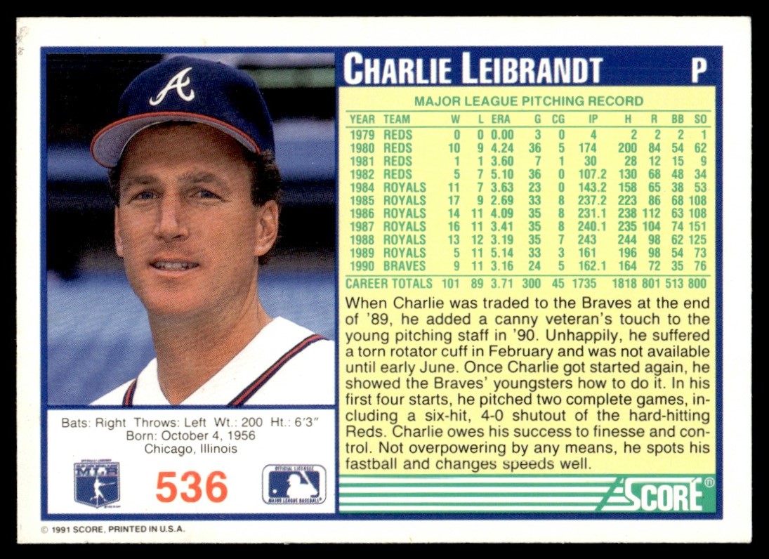 1991 Score #536 Charlie Leibrandt Atlanta Braves | eBay