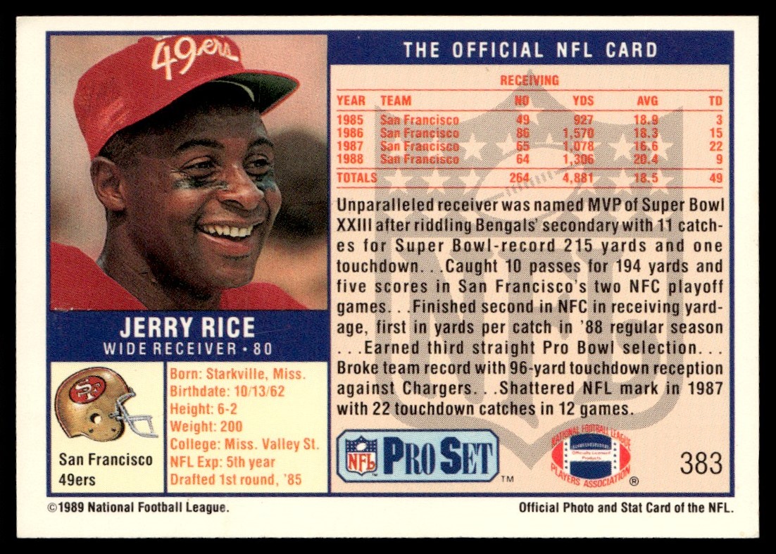 1989 Pro Set Super Bowl XXIV Binder Jerry Rice #383 card back image