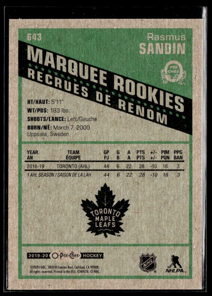 2019-20 O-Pee-Chee Marquee Rookies Rasmus Sandin #643 card back image