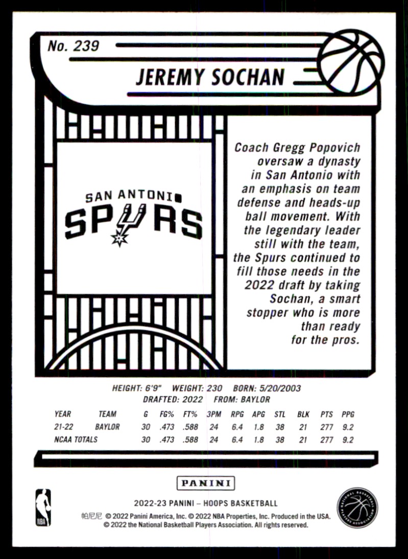 2022-23 Hoops Jeremy Sochan #239 card back image