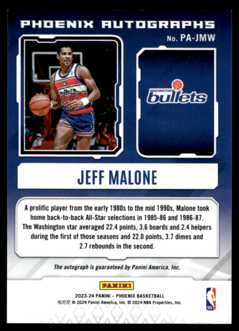 2023-24 Panini Phoenix Autographs Jeff Malone #PA-JMW card back image