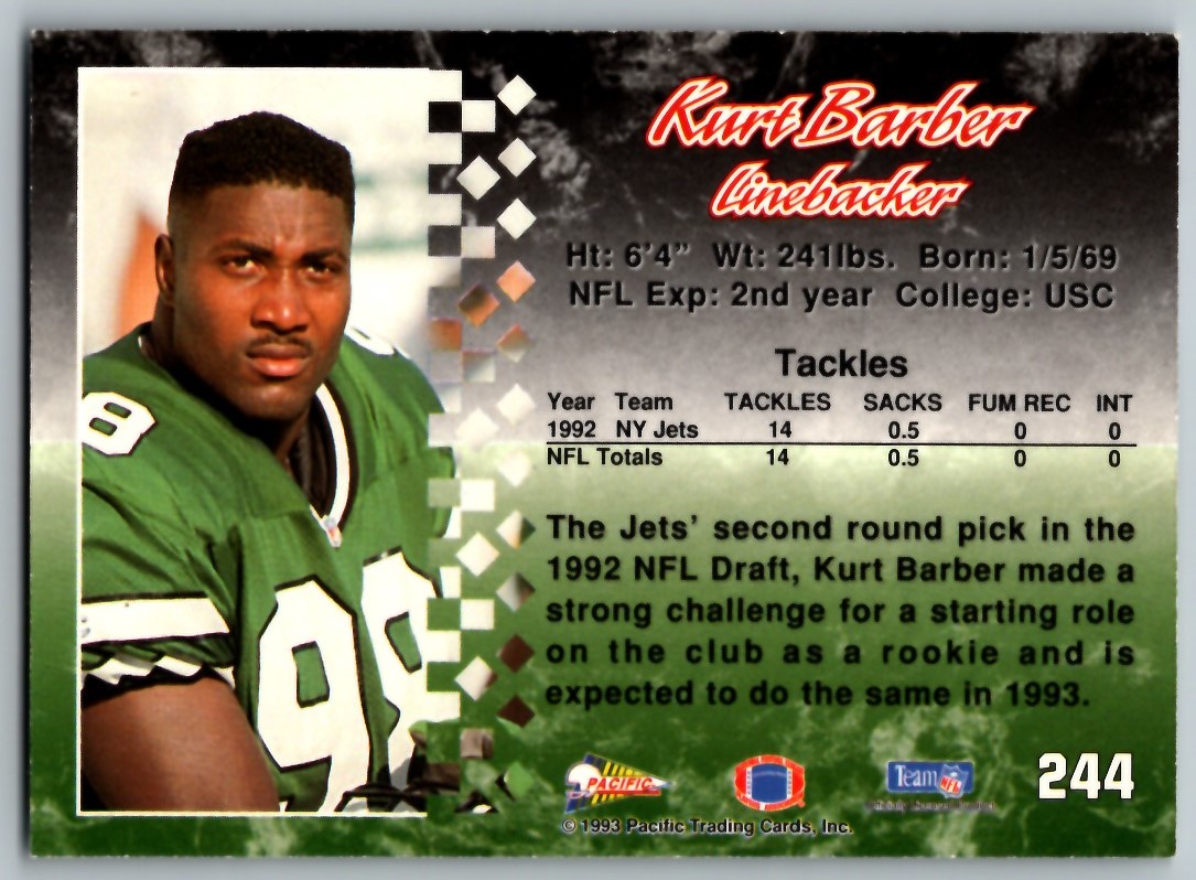 1993 PACIFIC KURT BARBER NEW YORK JETS #244 | eBay