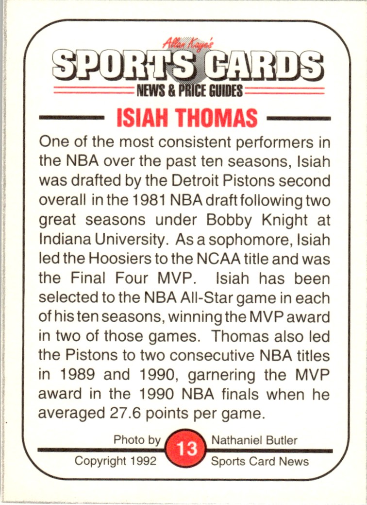 1992-93 Allan Kaye's Sports Cards Isiah Thomas #13 card back image