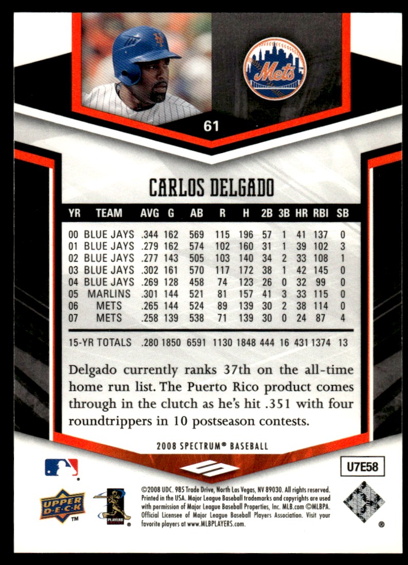 2008 Upper Deck Spectrum Orange Carlos Delgado #61 card back image