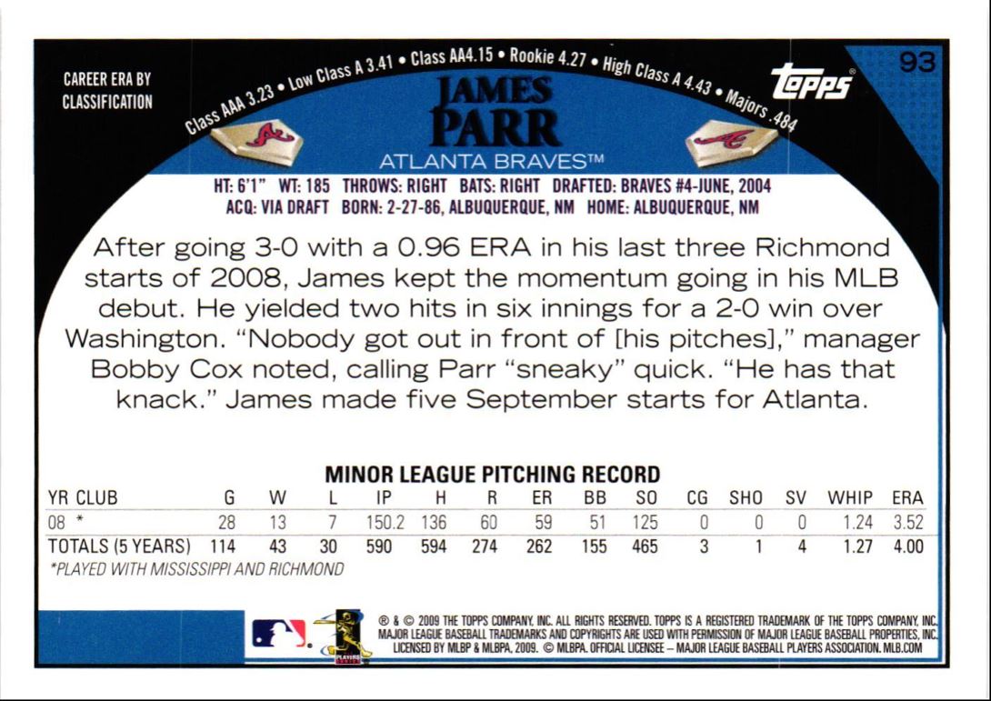 2009 Topps James Parr #93 card back image