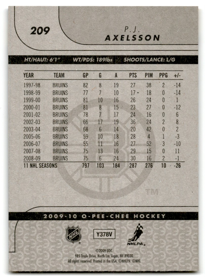 2009-10 O-Pee-Chee P.J. Axelsson #209 card back image