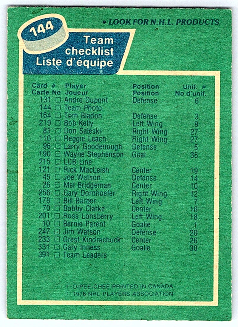 1976-77 O-Pee-Chee ! Philadelphia Flyers Checklist #144 card back image